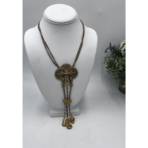 Vintage Signed ART Arthur Pepper VICTORIAN Style Necklace Gold 3 Tier Pendants - Picture 1 of 16